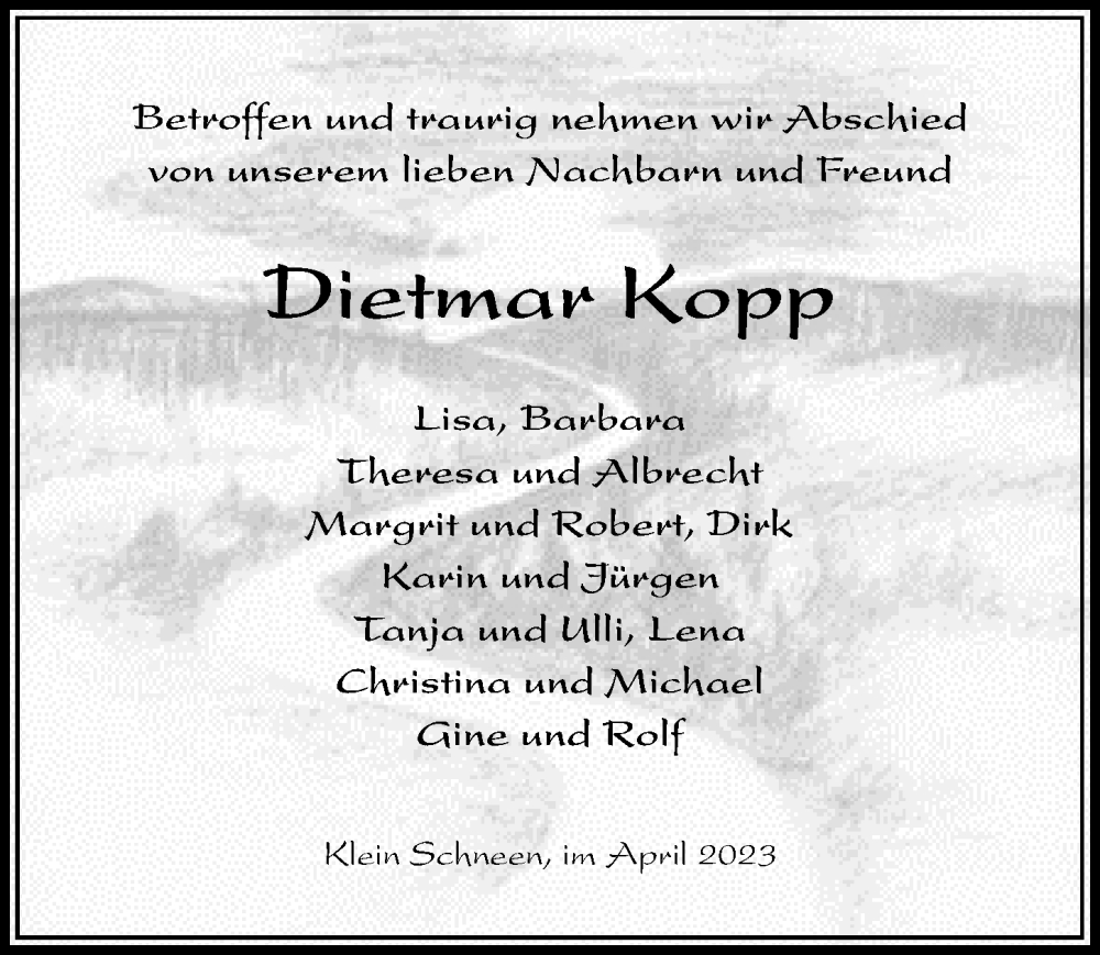  Traueranzeige für Dietmar Kopp vom 29.04.2023 aus Göttinger Tageblatt