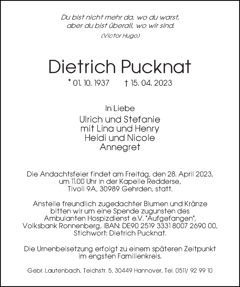  Traueranzeige für Dietrich Pucknat vom 22.04.2023 aus Hannoversche Allgemeine Zeitung/Neue Presse