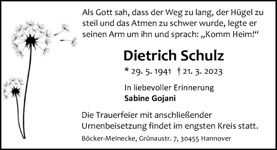 Traueranzeige von Dietrich Schulz von Hannoversche Allgemeine Zeitung/Neue Presse
