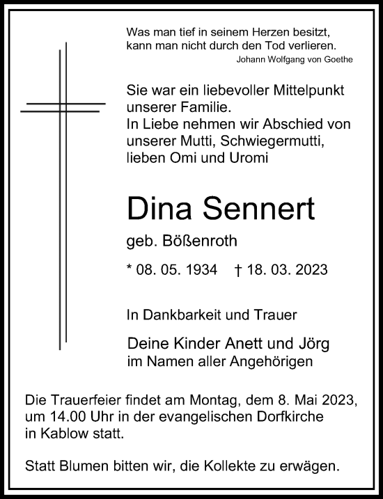 Traueranzeige von Dina Sennert von Märkischen Allgemeine Zeitung