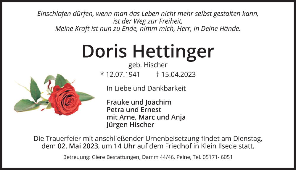  Traueranzeige für Doris Hettinger vom 22.04.2023 aus Peiner Allgemeine Zeitung