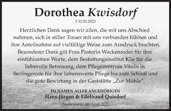 Traueranzeige von Dorothea Kwisdorf von Göttinger Tageblatt