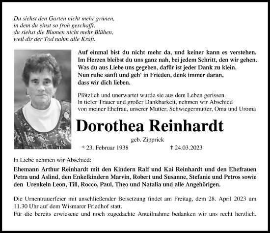 Traueranzeige von Dorothea Reinhardt von Ostsee-Zeitung GmbH