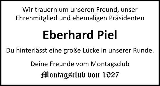 Traueranzeige von Eberhard Piel von Lübecker Nachrichten