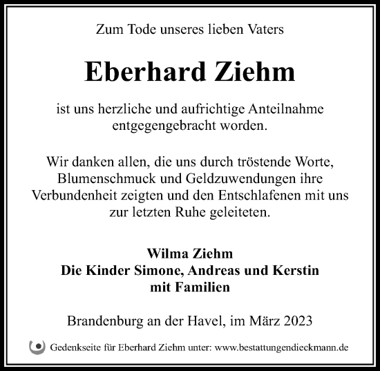 Traueranzeige von Eberhard Ziehm von Märkischen Allgemeine Zeitung