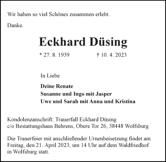 Traueranzeige von Eckhard Düsing von Aller Zeitung