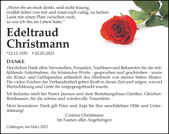 Traueranzeige von Edeltraud Christmann von Göttinger Tageblatt