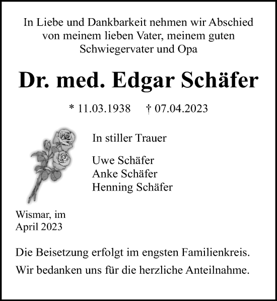 Traueranzeige von Edgar Schäfer von Ostsee-Zeitung GmbH