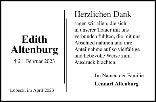 Traueranzeige von Edith Altenburg von Lübecker Nachrichten