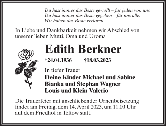 Traueranzeige von Edith Berkner von Märkischen Allgemeine Zeitung