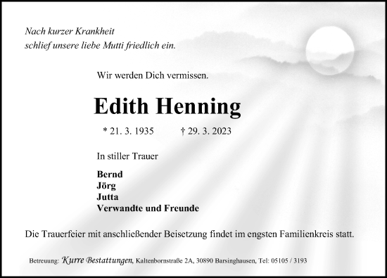 Traueranzeige von Edith Henning von Hannoversche Allgemeine Zeitung/Neue Presse