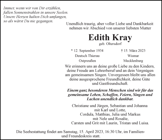 Traueranzeige von Edith Kray von Ostsee-Zeitung GmbH
