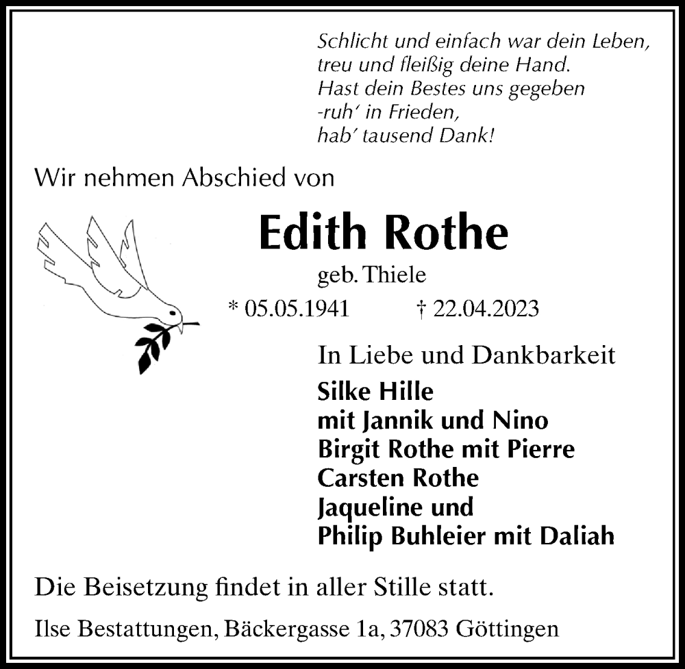  Traueranzeige für Edith Rothe vom 29.04.2023 aus Göttinger Tageblatt