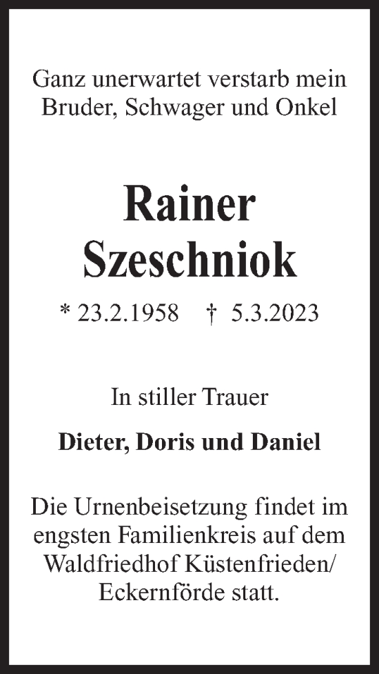 Traueranzeige von Rainer Szeschniok von Kieler Nachrichten