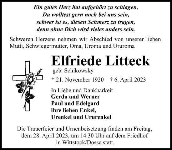 Traueranzeige von Elfriede Litteck von Märkischen Allgemeine Zeitung