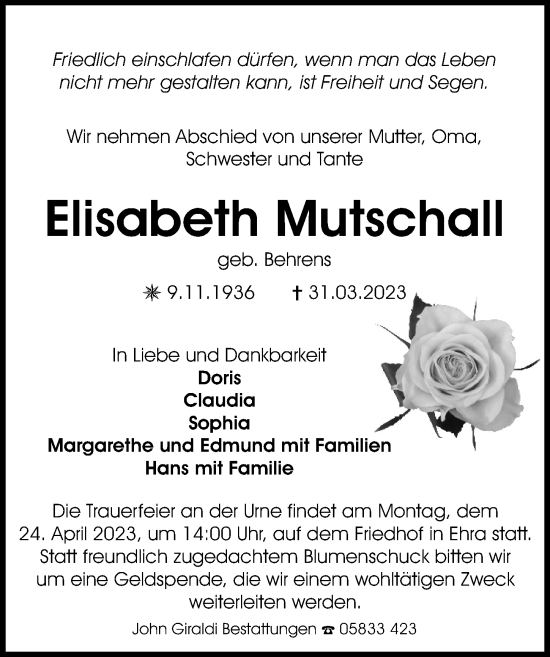 Traueranzeige von Elisabeth Mutschall von Aller Zeitung