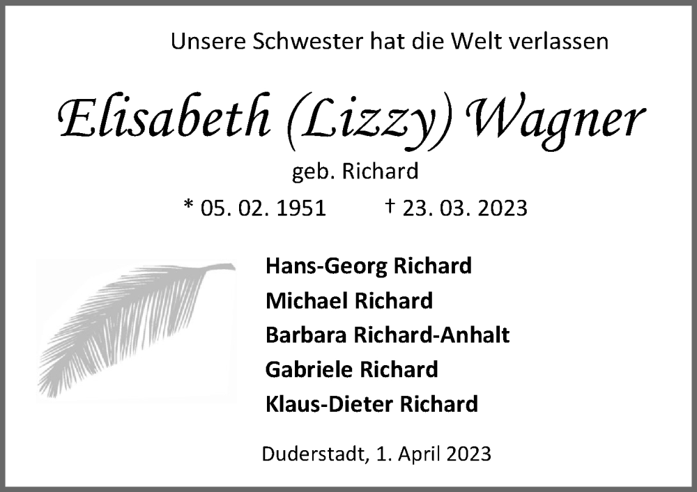  Traueranzeige für Elisabeth Wagner vom 01.04.2023 aus Eichsfelder Tageblatt
