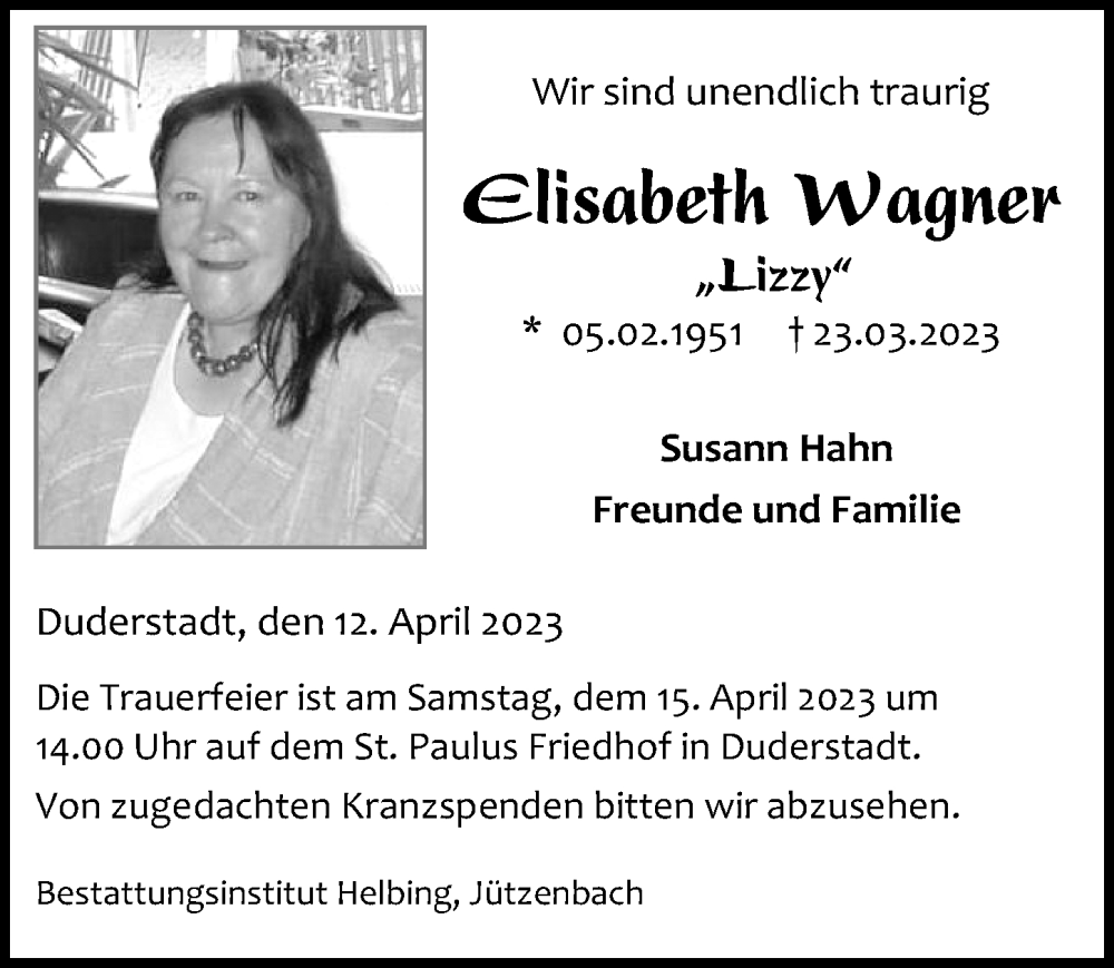 Traueranzeige für Elisabeth Wagner vom 12.04.2023 aus Eichsfelder Tageblatt