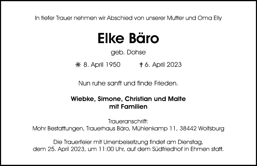  Traueranzeige für Elke Bäro vom 15.04.2023 aus Aller Zeitung