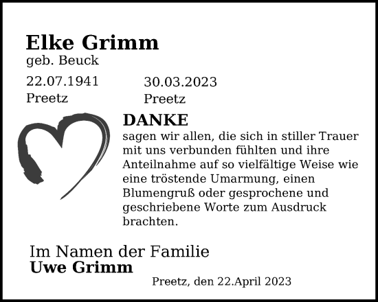 Traueranzeige von Elke Grimm von Kieler Nachrichten