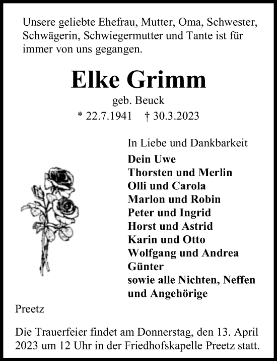 Traueranzeige von Elke Grimm von Kieler Nachrichten