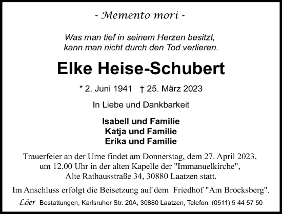 Traueranzeige von Elke Heise-Schubert von Hannoversche Allgemeine Zeitung/Neue Presse