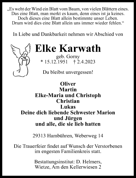 Traueranzeige von Elke Karwath von Aller Zeitung