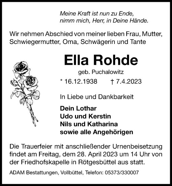 Traueranzeige von Ella Rohde von Aller Zeitung