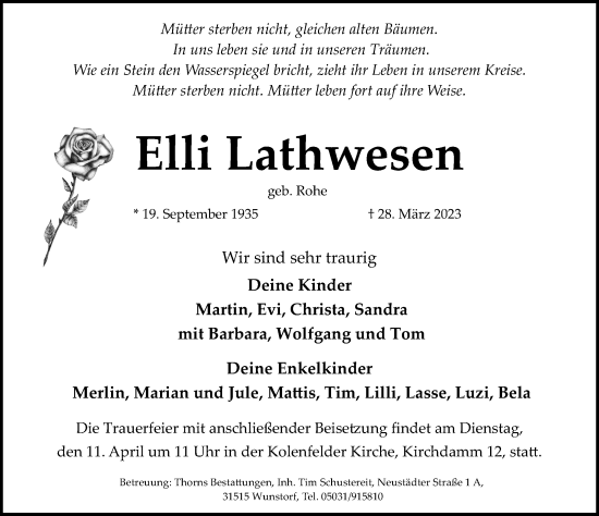 Traueranzeige von Elli Lathwesen von Hannoversche Allgemeine Zeitung/Neue Presse