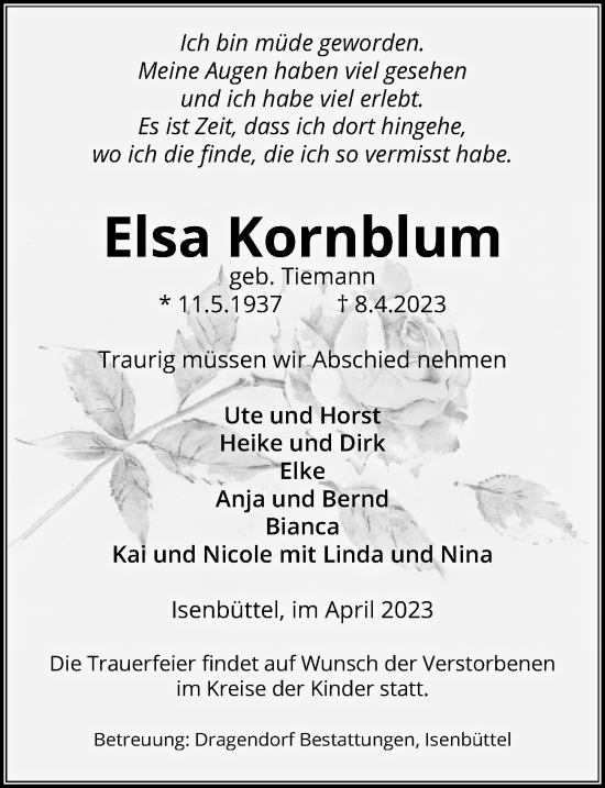 Traueranzeige von Elsa Kornblum von Aller Zeitung