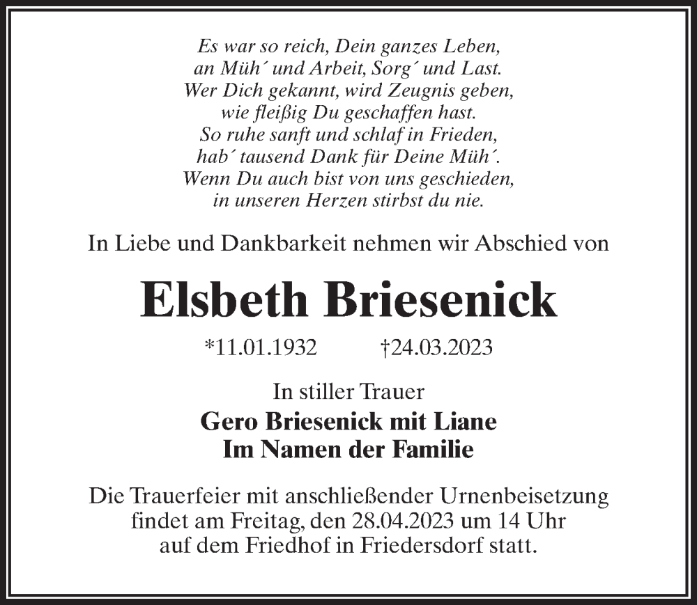  Traueranzeige für Elsbeth Briesenick vom 08.04.2023 aus Märkischen Allgemeine Zeitung