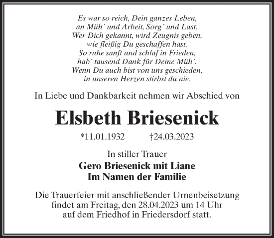 Traueranzeige von Elsbeth Briesenick