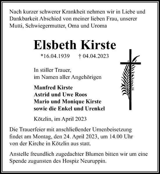Traueranzeige von Elsbeth Kirste von Märkischen Allgemeine Zeitung