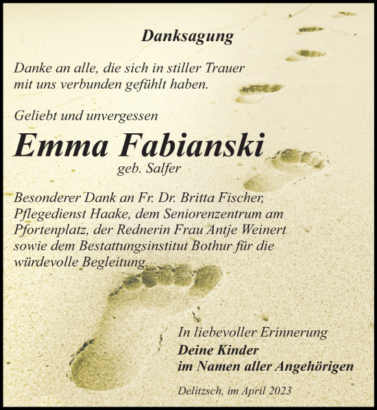 Traueranzeige von Emma Fabianski von Leipziger Volkszeitung