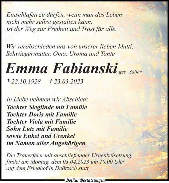 Traueranzeige von Emma Fabianski von Leipziger Volkszeitung