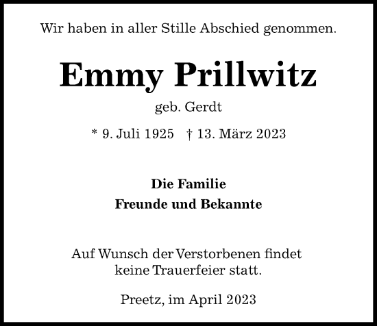 Traueranzeige von Emmy Prillwitz von Kieler Nachrichten