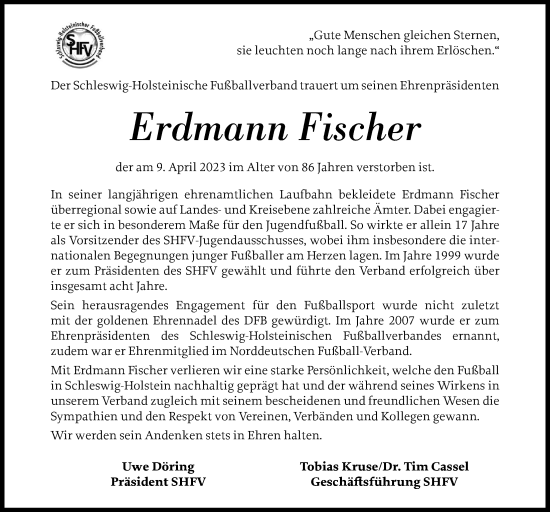 Traueranzeige von Erdmann  Fischer von Kieler Nachrichten