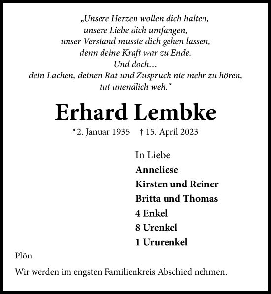 Traueranzeige von Erhard Lembke von Kieler Nachrichten