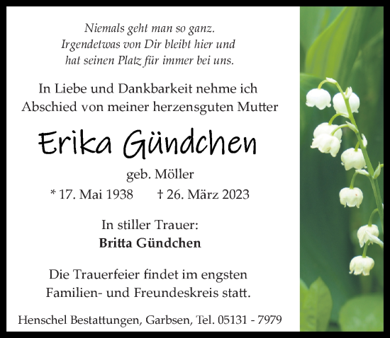 Traueranzeige von Erika Gündchen von Hannoversche Allgemeine Zeitung/Neue Presse
