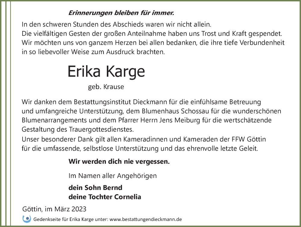  Traueranzeige für Erika Karge vom 01.04.2023 aus Märkischen Allgemeine Zeitung