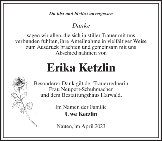 Traueranzeige von Erika Ketzlin von Märkischen Allgemeine Zeitung