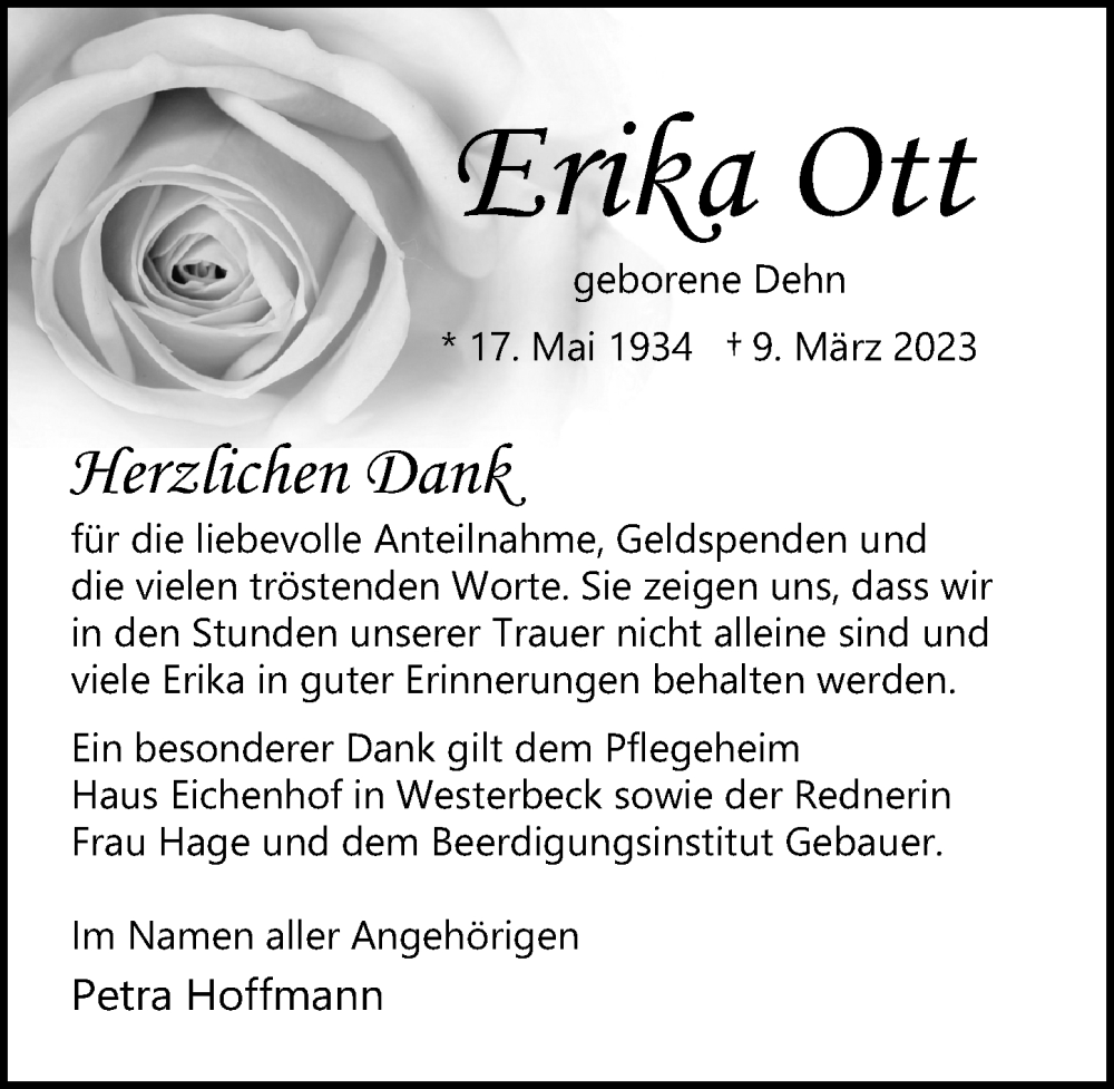  Traueranzeige für Erika Ott vom 08.04.2023 aus Aller Zeitung