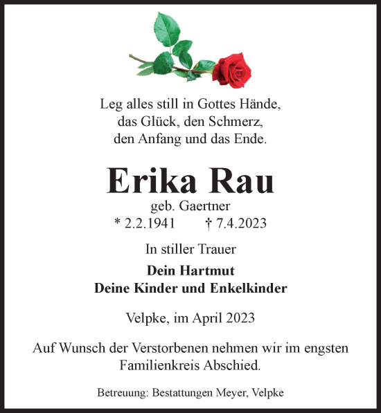 Traueranzeige von Erika Rau von Aller Zeitung
