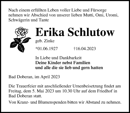 Traueranzeige von Erika Schlutow von Ostsee-Zeitung GmbH