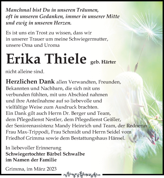 Traueranzeige von Erika Thiele von Leipziger Volkszeitung