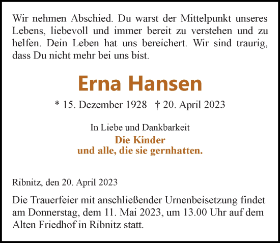 Traueranzeige von Erna Hansen von Ostsee-Zeitung GmbH