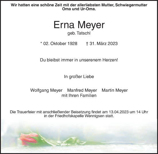 Traueranzeigen von Erna Meyer | trauer-anzeigen.de