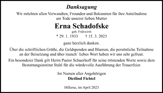 Traueranzeige von Erna Schadofske von Aller Zeitung