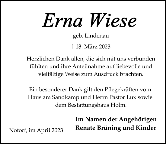 Traueranzeige von Erna Wiese von Kieler Nachrichten