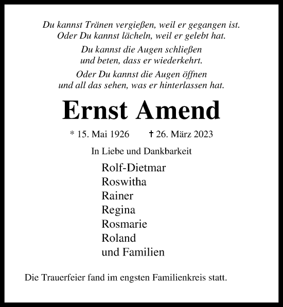 Traueranzeige von Ernst Amend von Lübecker Nachrichten